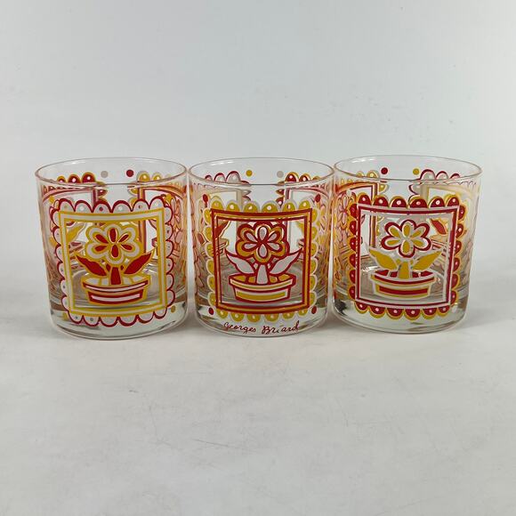 Georges Briard Mid-Century Lowball Glasses Set of 6 Red Yellow Flower Retro - Picture 4 of 7